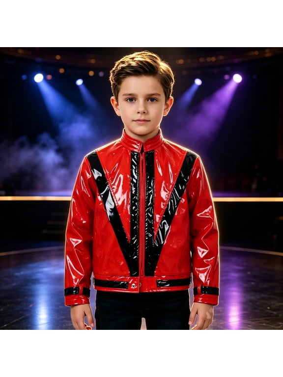 Red Sequin Jacket 80S Pop Star Stage Coat Faux Leather Jacket Fashion Outwear with Zipper
