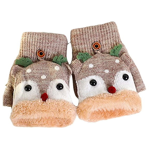 LIZENG Reindeer Gloves Clearance Knitted Plush-Lined Convertible Half-Finger Gloves with Reindeer Design for Adults and Kids Christmas Winter Warm Mittens