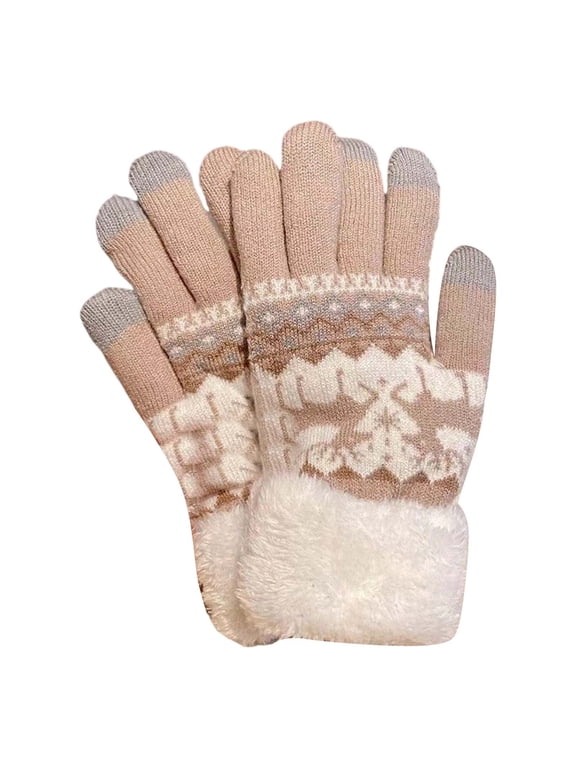 Winter Gloves Clearance Snowflake Pattern Knitted Gloves with Plush Lining and Extended Cuffs for Women Warm Insulated Full-Finger Gloves for Outdoor Activities