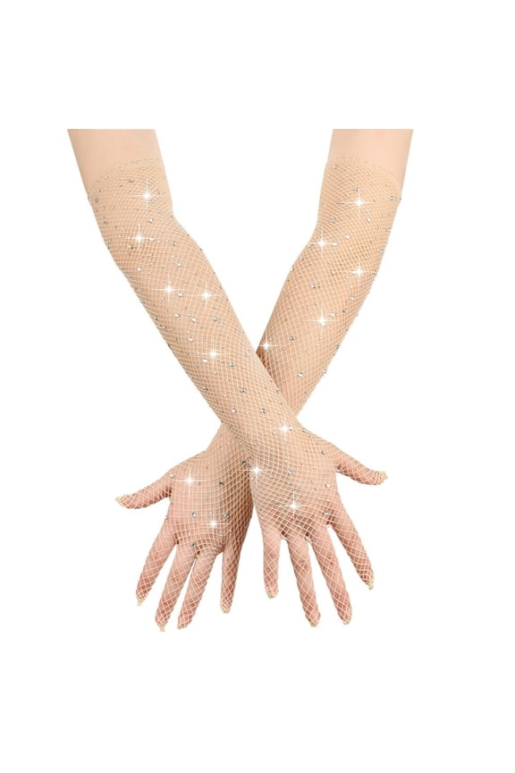 Women Fishnet Gloves Clearance Rhinestone Sparkly Long Mesh Gloves for Cosplay Sexy Costume Party and Dance Accessories