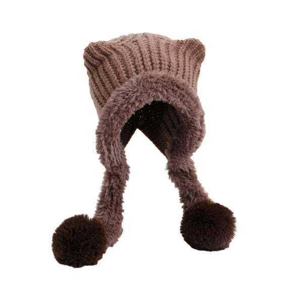 LIZENG Women's Cat Ear Knitted Hat Clearance Cozy Acrylic Fluffy Winter Beanie with Double Tail Pom-Poms Windproof Ear Protection Cute Fashionable Autumn and Winter Knit Cap Ideal for Cold Weather