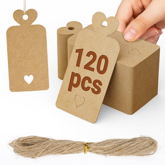 LIZEVINC 120pcs Kraft Paper Gift Tags with String Attached, Blank Gift Bags Tags,1.31*3.15inch Tags for Gifts, Clothes, Wedding, DIY Crafts,and Holiday Packaging (love)