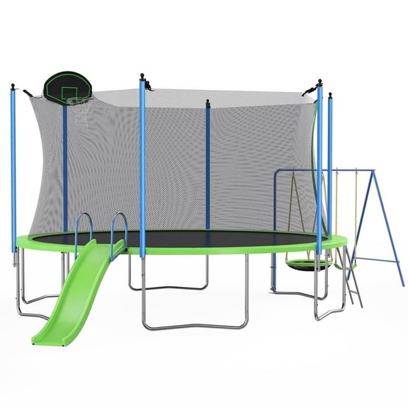 LIZEVINC 12FT Trampoline Set with Swing, Slide, Basketball Hoop and Ladder-Metal for Kids Adults, Recreational Jumping Trampolines for Outdoor Indoor, Green