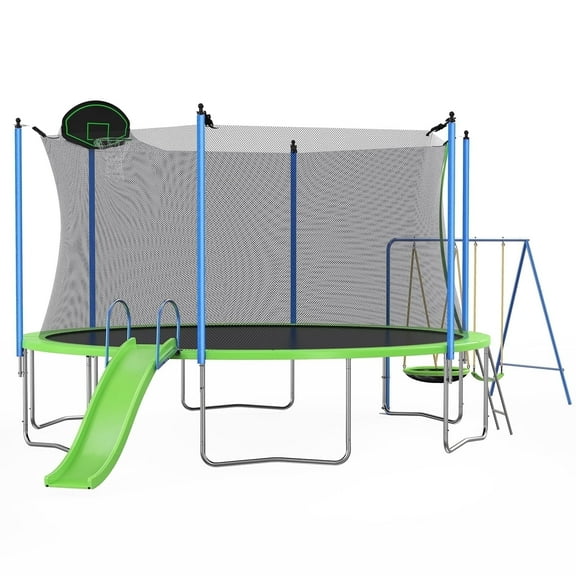 LIZEVINC 14FT Trampoline Set with Swing, Slide, Basketball Hoop and Ladder-Metal for Kids Adults, Recreational Jumping Trampolines for Outdoor Indoor, Green