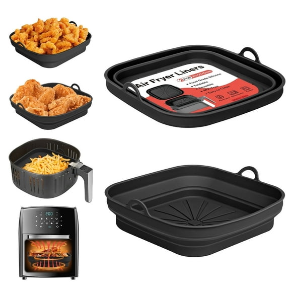 LIZEVINC 2 Pack Air Fryer Silicone Liner Reusable Air Fryer Silicone Pan Square Air Fryer Silicone Pot Heat Resistant Non-Stick 8 inch Air Fryer Accessories, Black