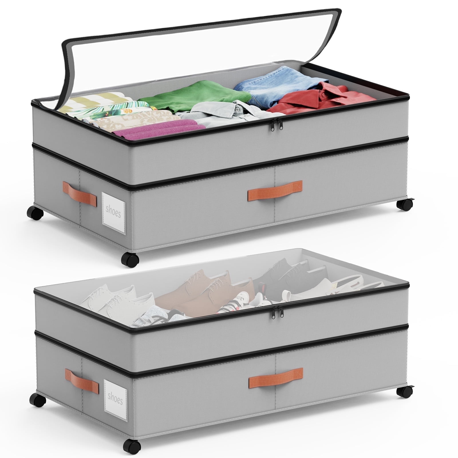 LIZEVINC 2-Pack Large Under Bed Storage with Wheels and Lids – Adjustable Height Rolling Storage Bins with Dividers, Space-Saving Underbed Organizer for Clothes, Shoes, Blankets（Gray）