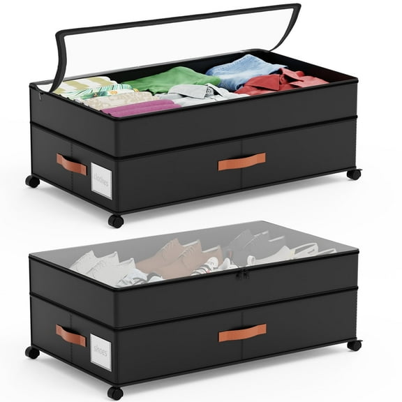 LIZEVINC 2-Pack Large Under Bed Storage with Wheels and Lids – Adjustable Height Rolling Storage Bins with Dividers, Space-Saving Underbed Organizer for Clothes, Shoes, Blankets（Black）