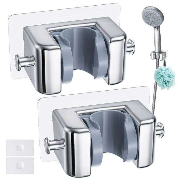 LIZEVINC Shower Head Holder 2 Pack, No Drill Adhesive Mount with Dual Hooks, Adjustable Angle Wall Bracket for Bathroom, RV & Rental