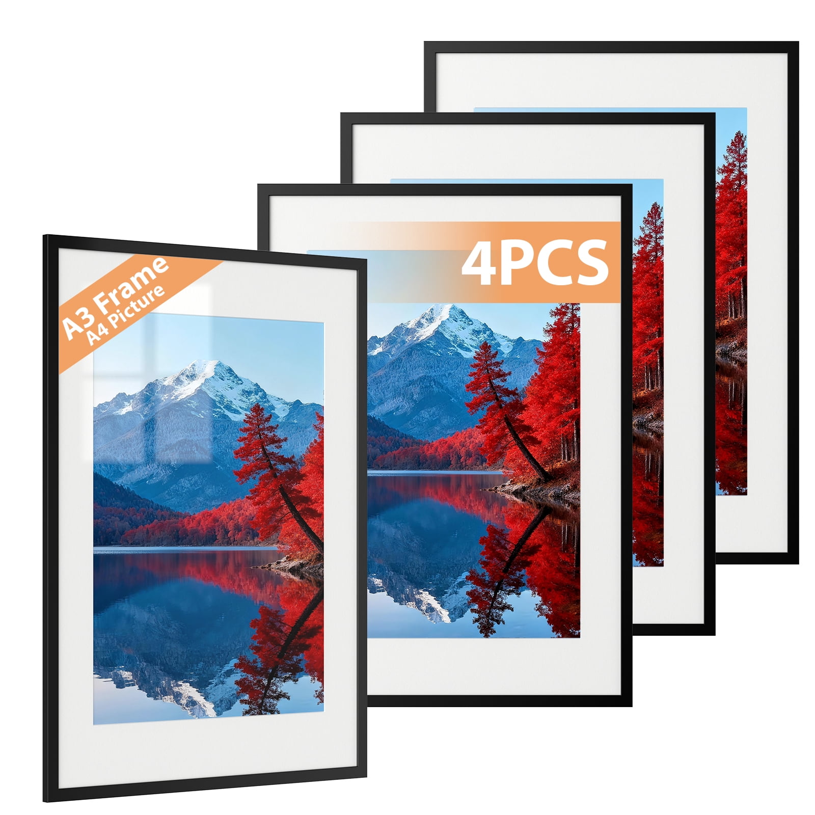 LIZEVINC 4 Pack 11x14 Picture Frame, Display Pictures 8x10 with Mat or 11x14 Without Mat, Wall Hanging Photo Frame, Black