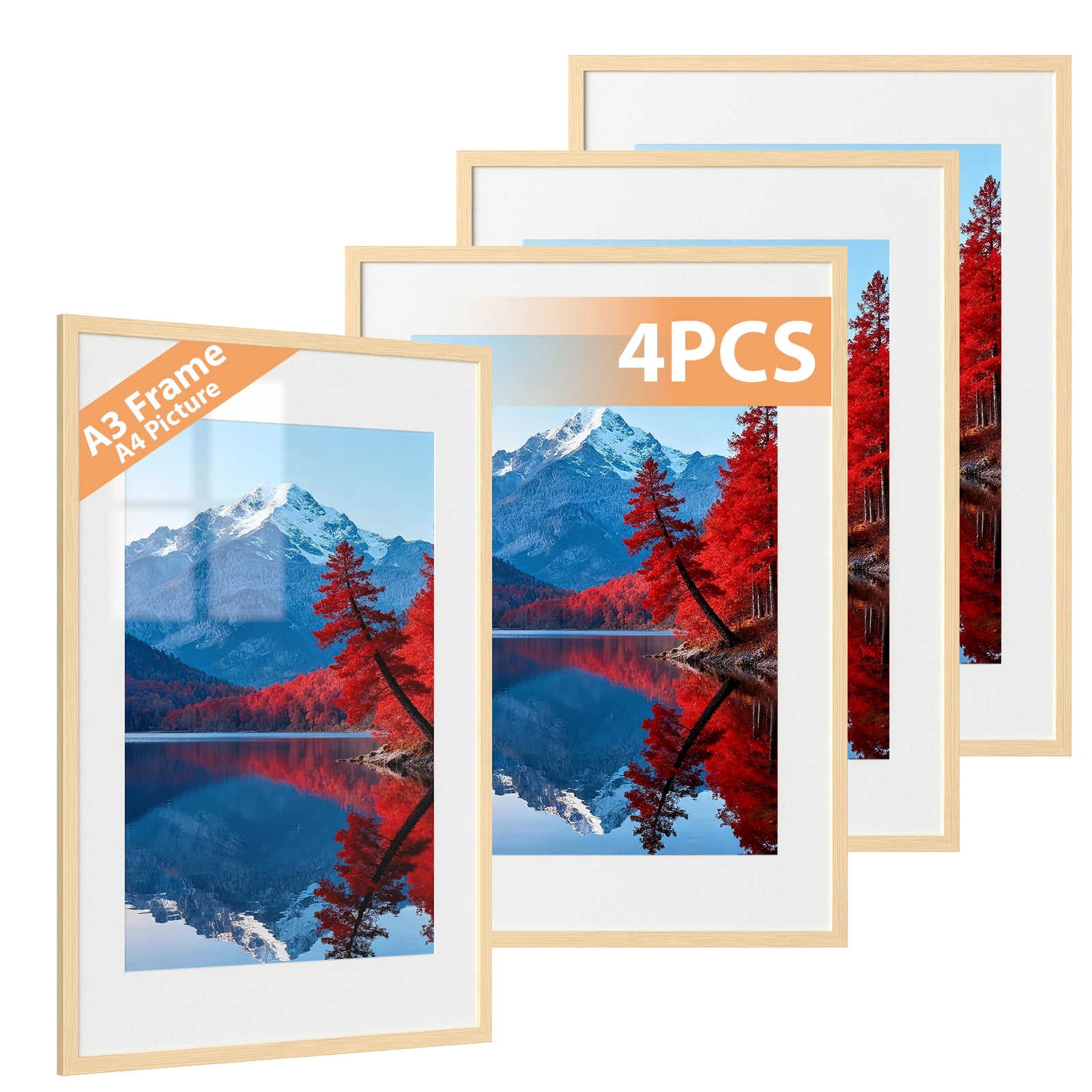 LIZEVINC 4 Pack 11x14 Picture Frame, Display Pictures 8x10 with Mat or 11x14 Without Mat, Wall Hanging Photo Frame, Wood Grain