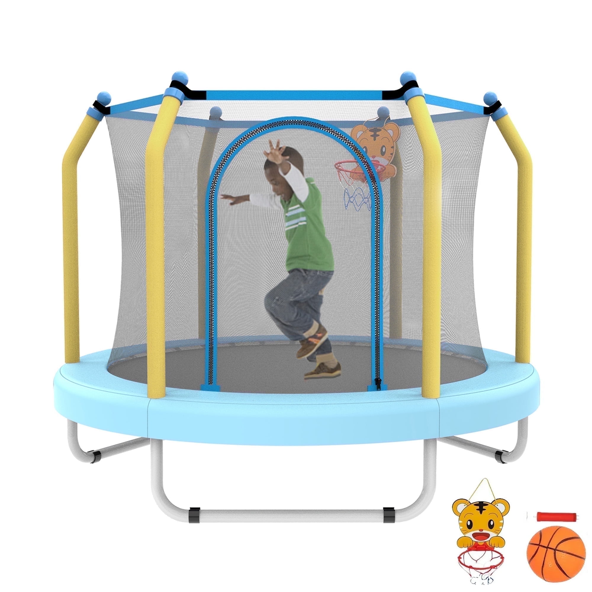 LIZEVINC 55 Inch Outdoor Toddler Trampoline with Enclosure Net, Mini Round Trampoline for Kids with Basketball, Small Trampoline Gifts for Boy and Girls,Blue Forest