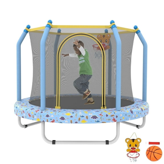ZIVACATE 55 Inch Outdoor Toddler Trampoline with Enclosure Net, Mini Round Trampoline for Kids with Basketball, Small Trampoline Gifts for Boy and Girls,Blue