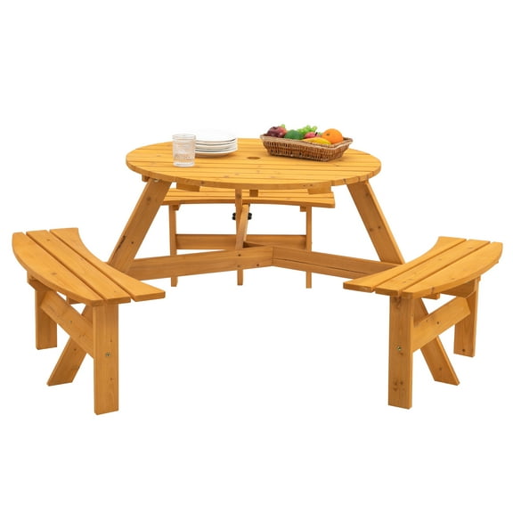 LIZEVINC 6-Person Round Outdoor Wooden Picnic Table with 3 Built-in Benches – Natural Wood Patio Dining Table for Backyard, Garden, Lawn or Deck – Heavy Duty 1720 lb Capacity Picnic Furniture