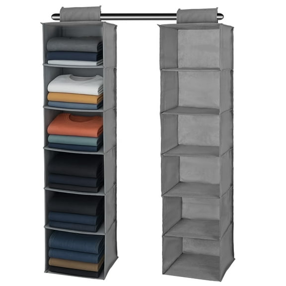 LIZEVINC Hanging Closet Organizer, 6-Tier, Foldable Fabric Shelves, Gray, for Clothes, Towels, and Accessories, Space-Saving Storage for Small Spaces, 2-Pack
