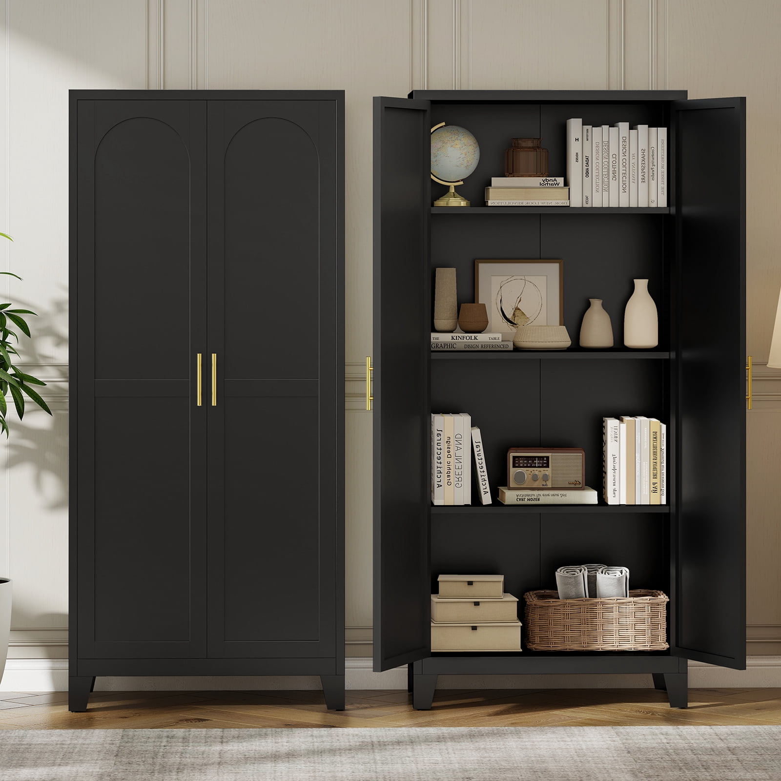 LIZEVINC 61.2in Pantry Cabinet, Metal Shapely Doors Cabinet with Doors and Adjustable Shelves, Food Pantry Cabinet for Kitchen,Dinning Room- Assembly Required(Black)
