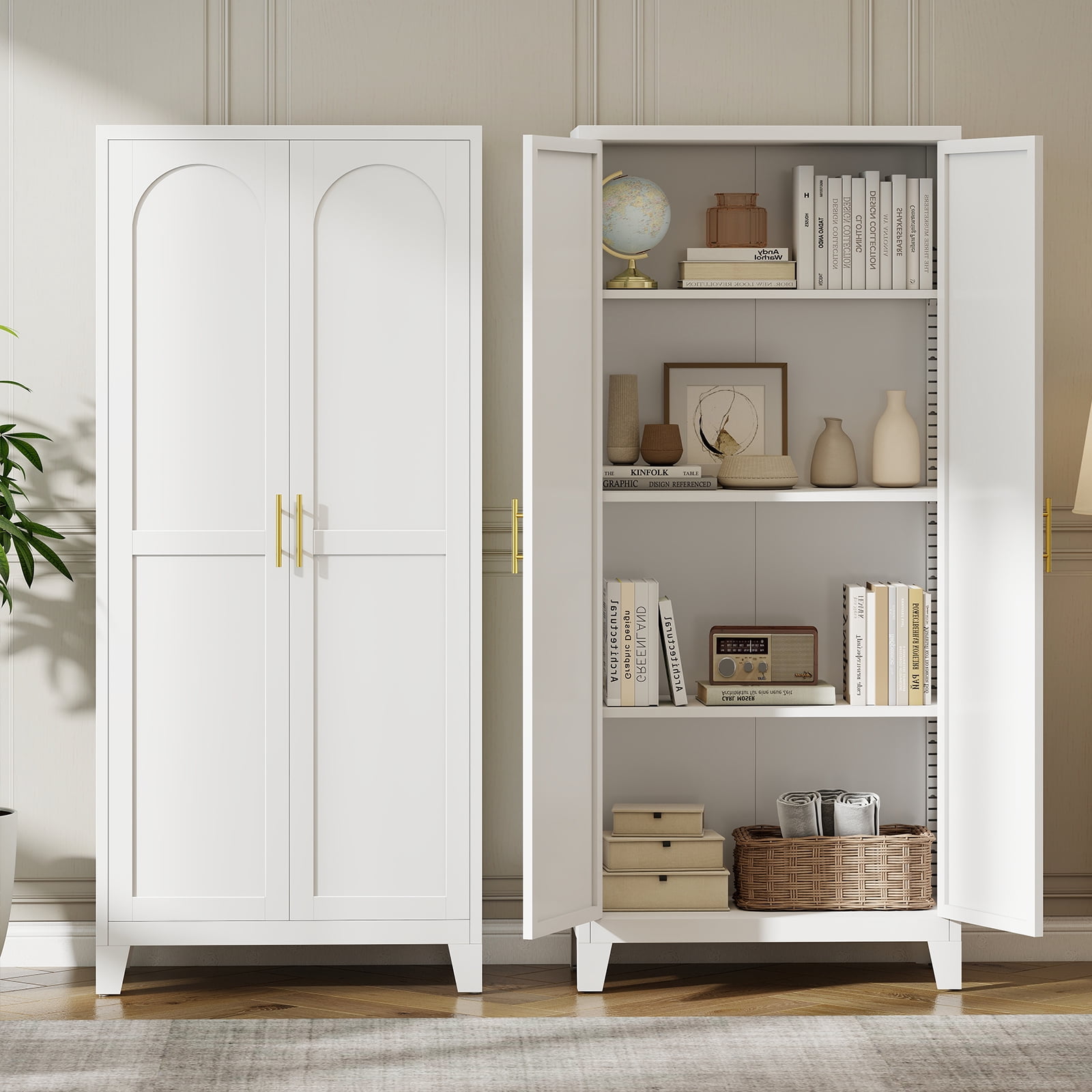 LIZEVINC 61.2in Pantry Cabinet, Metal Shapely Doors Cabinet with Doors and Adjustable Shelves, Food Pantry Cabinet for Kitchen,Dinning Room- Assembly Required(White)