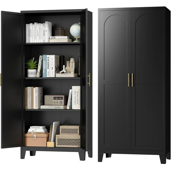 LIZEVINC 71.2in Pantry Cabinet, Metal Shapely Doors Cabinet with Doors and Adjustable Shelves, Food Pantry Cabinet for Kitchen,Dinning Room- Assembly Required(Black)
