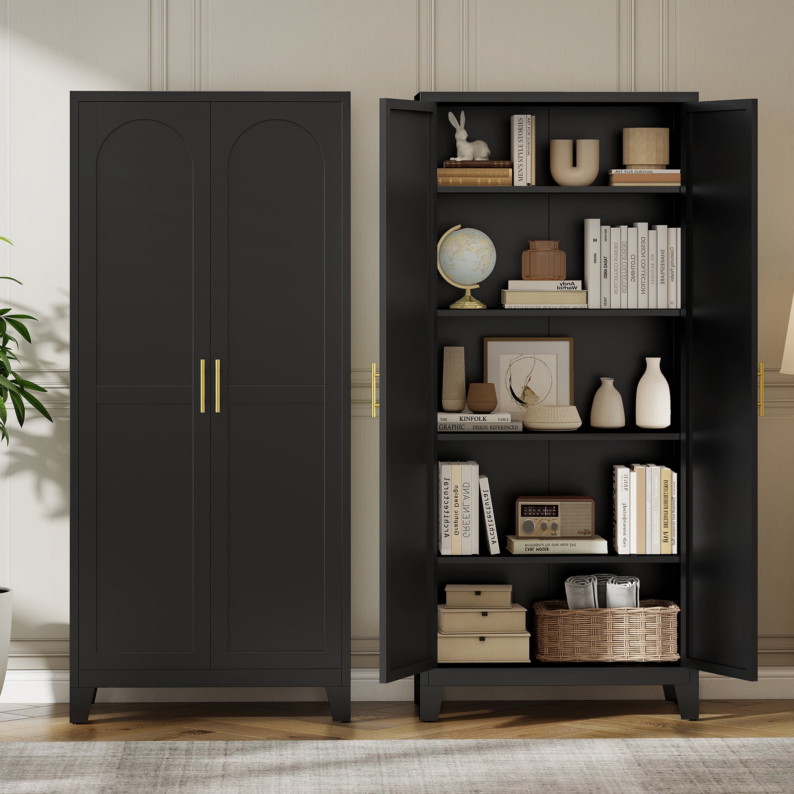 LIZEVINC 71.2in Pantry Cabinet, Metal Shapely Doors Cabinet with Doors and Adjustable Shelves, Food Pantry Cabinet for Kitchen,Dinning Room- Assembly Required(Black)