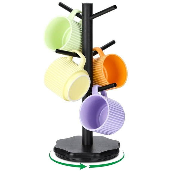 LIZEVINC Mug Holder Tree, 360° Rotating Wooden Mug Holder, 6-Hook Coffee Cup Rack for Countertop, Home Office & Non-Slip Base (Black)