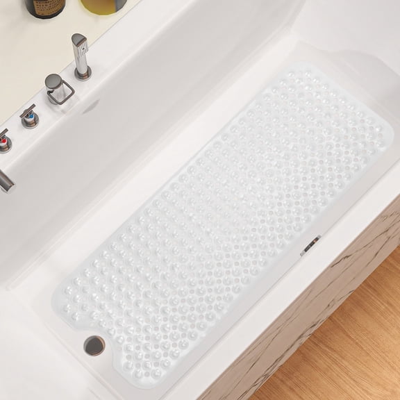 LIZEVINC Bath Tub Shower Mat,Extra Long Non-Slip Bath Mat 39" x 16" Machine Washable Bathtub Mat with Suction Cups & Drain Holes,Clear White