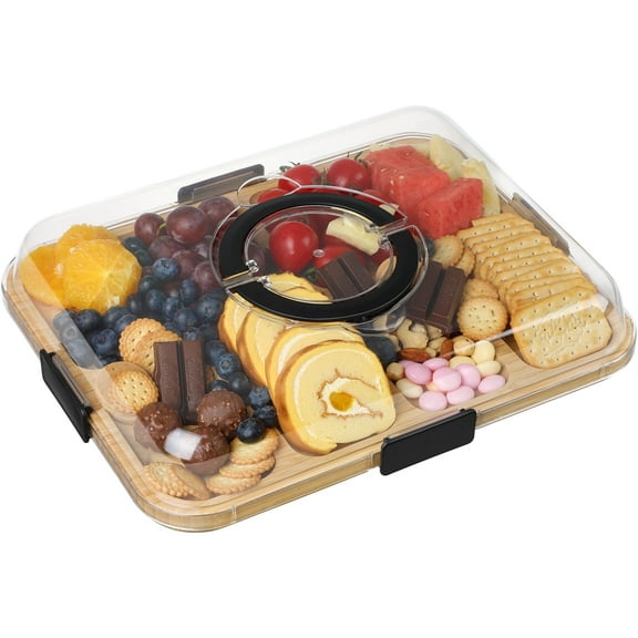 LIZEVINC Charcuterie Board with Clear Lid,Cutting Board for Kitchen,Portable Travel Cheese Board Platter for Housewarming Weddings Picnics(6 Compartments,Black)
