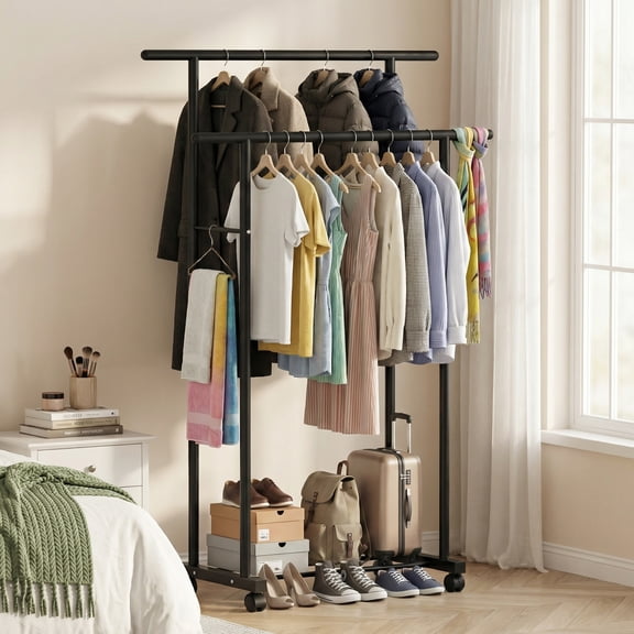 LIZEVINC Double Rods Clothes Rack, Metal Clothing Racks, Clothing Racks for Hanging Clothes, Portable Wardrobe Rack, Double Rod Clothing Garment Rack for Bedroom, Living Room, Clothing Store (Black)