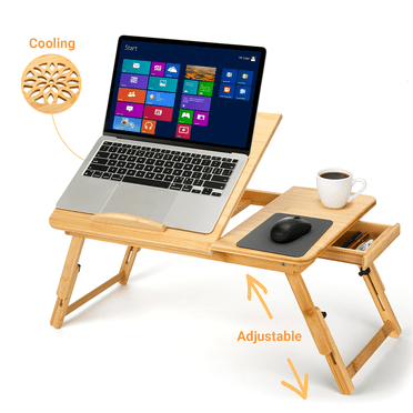LIZEVINC Foldable Lap Desk with Storage Drawer, Cup and Device Holders, Portable Laptop Bed Tray Table for Work, Reading, Eating – Use on Bed, Sofa or Floor
