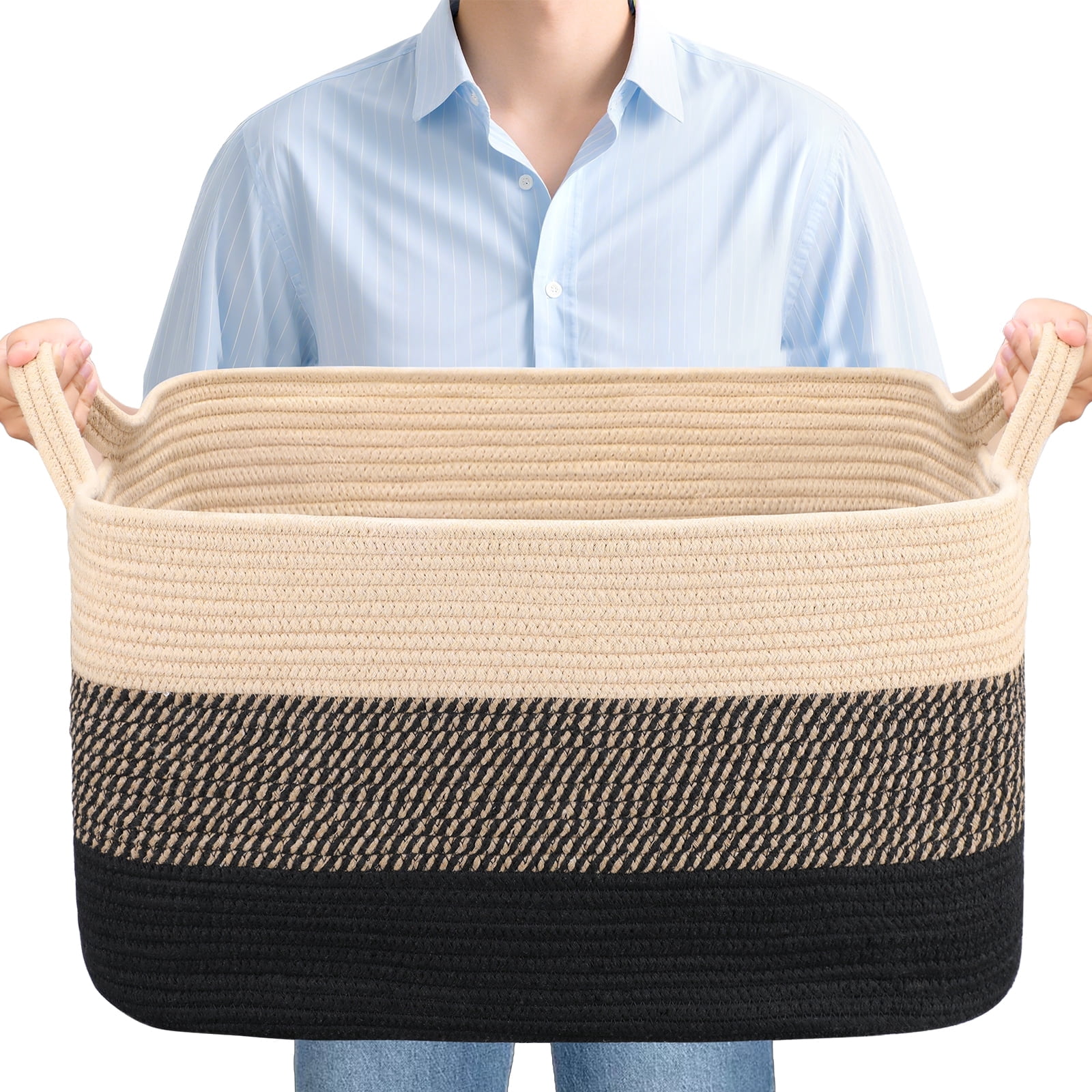 LIZEVINC Large Blanket Basket, 21.6" x 15.7" x 11.8" Rectangle Woven Laundry Basket, Cotton Rope Toy Basket With Handle, Storage Baskets for Organizing for Living Room, Bedroom, Baby Room