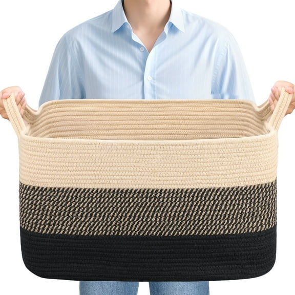 LIZEVINC Large Blanket Basket, 21.6" x 15.7" x 11.8" Rectangle Woven Laundry Basket, Cotton Rope Toy Basket With Handle, Storage Baskets for Organizing for Living Room, Bedroom, Baby Room