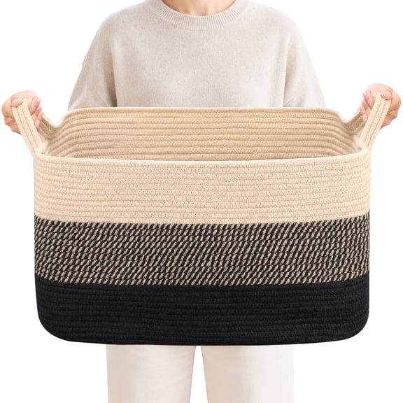 LIZEVINC Large Blanket Basket, 21.6" x 15.7" x 11.8" Rectangle Woven Laundry Basket, Cotton Rope Toy Basket With Handle, Storage Baskets for Organizing for Living Room, Bedroom, Baby Room