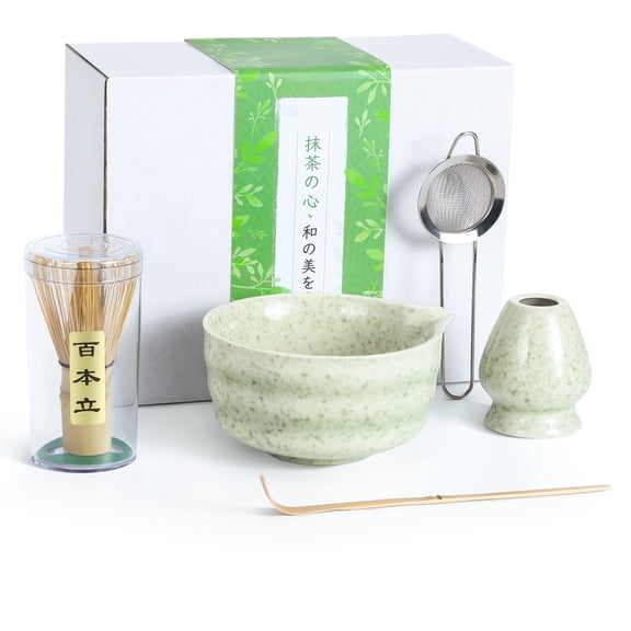 LIZEVINC Matcha Whisk Set,5 Pcs Matcha Kit Includes Matcha Bowl with Spout,Matcha Whisk and Holder,Bamboo Matcha Scoop and Stainless Steel Sifter,Ideal for Matcha Lovers,Green