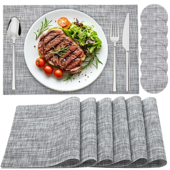 LIZEVINC Placemats for Dining Table Set of 6, Non-Slip Heat Resistant Place Mats with Coasters, Heat Resistant Dual Sided Table Mats for Kitchen/Dining/Party,12 x 17 Inch,Grey