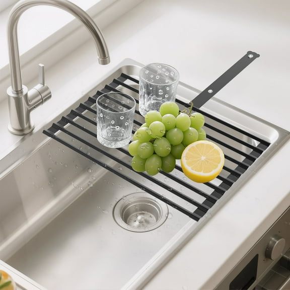 LIZEVINC Roll Up Dish Drying Rack, 20.08"x12.6" Fiberglass Over The Sink Dish Drainer Rack, Foldable Sink Drying Rack, Anti-Slip & Anti-Rust Dish Rack for Kitchen, Black