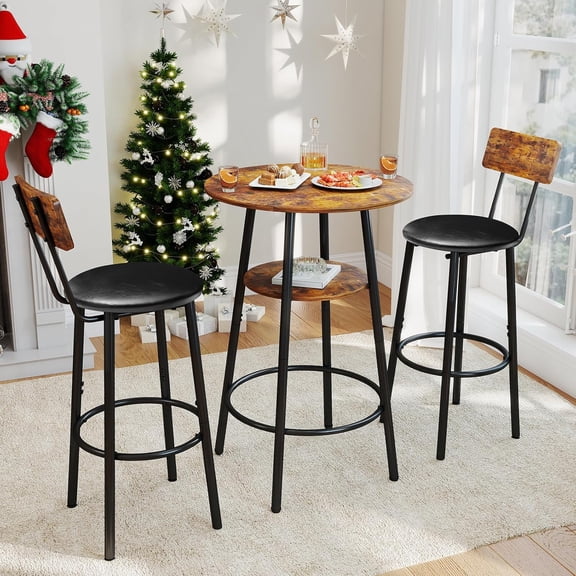 LIZEVINC Round Bar Stool Set with Backrest and Storage Shelf, 2 Upholstered Seat, Rustic Brown, 23.62" W x 23.62" D x 35.43" H