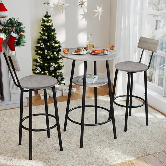 LIZEVINC 3 Pieces Round Bar Table Set, Small Dining Table for 2, Breakfast Table with Storage, Modern Kitchen Bar Table, 2 Upholstered Stools with Backrest for Kitchen, Dining Room & Bistro-Gray