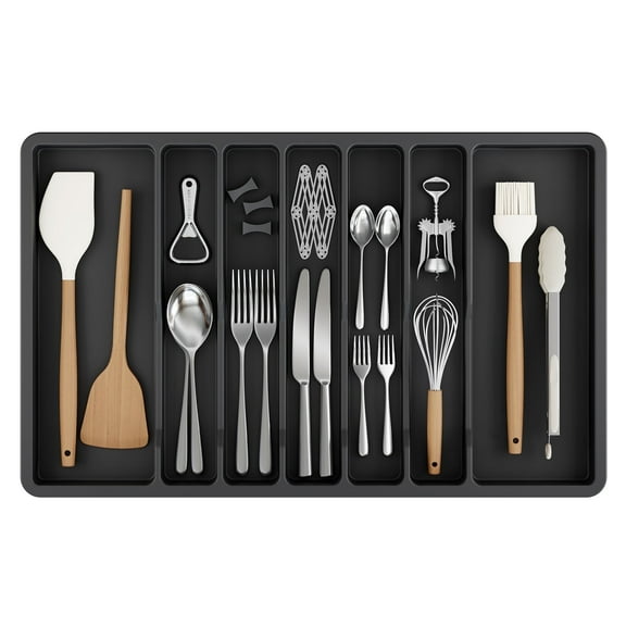 LIZEVINC Cutlery Organizer,Utensil Tray,Cutlery Tray Drawer Organizer for Spoons, Knives, Kitchen Organizers and Storage,Silicone ,Black(7 Slots)