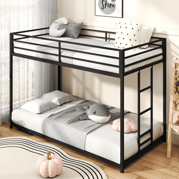 LIZEVINC Twin over Twin Bunk Bed Metal Black, Low Profile Twin over twin bunk bed with Ladder and Guardrails, Easy Climbing, Beds for Bedroom Suitable for the Whole Family