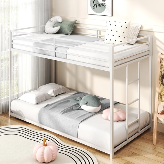 LIZEVINC Twin over Twin Bunk Bed Metal White, Low Profile Twin over twin bunk bed with Ladder and Guardrails, Easy Climbing, Beds for Bedroom Suitable for the Whole Family, White