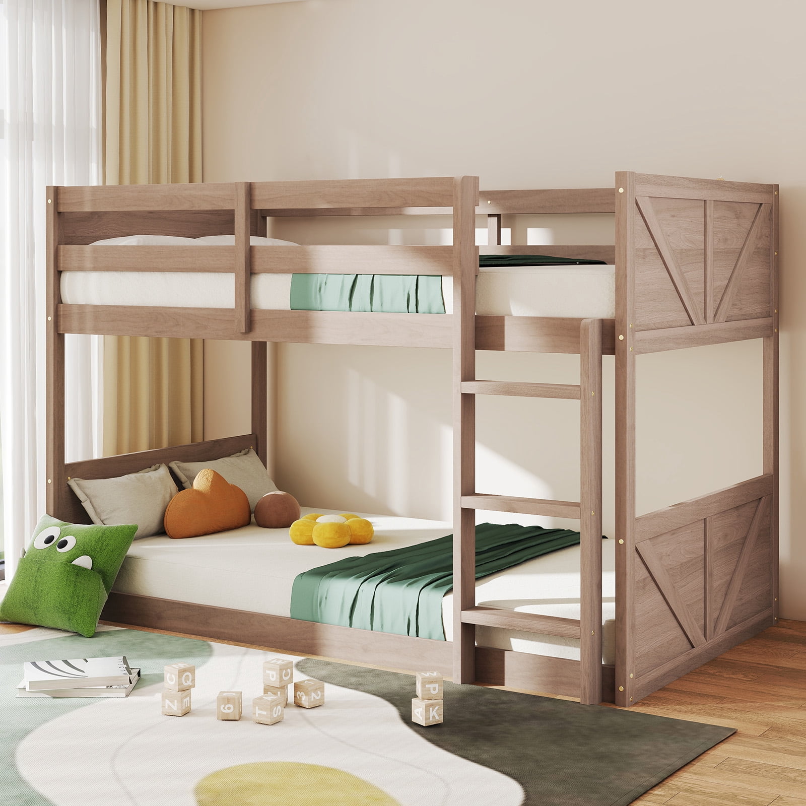 LIZEVINC Twin over Twin Floor Bunk Bed with Panelled Headboard and ...