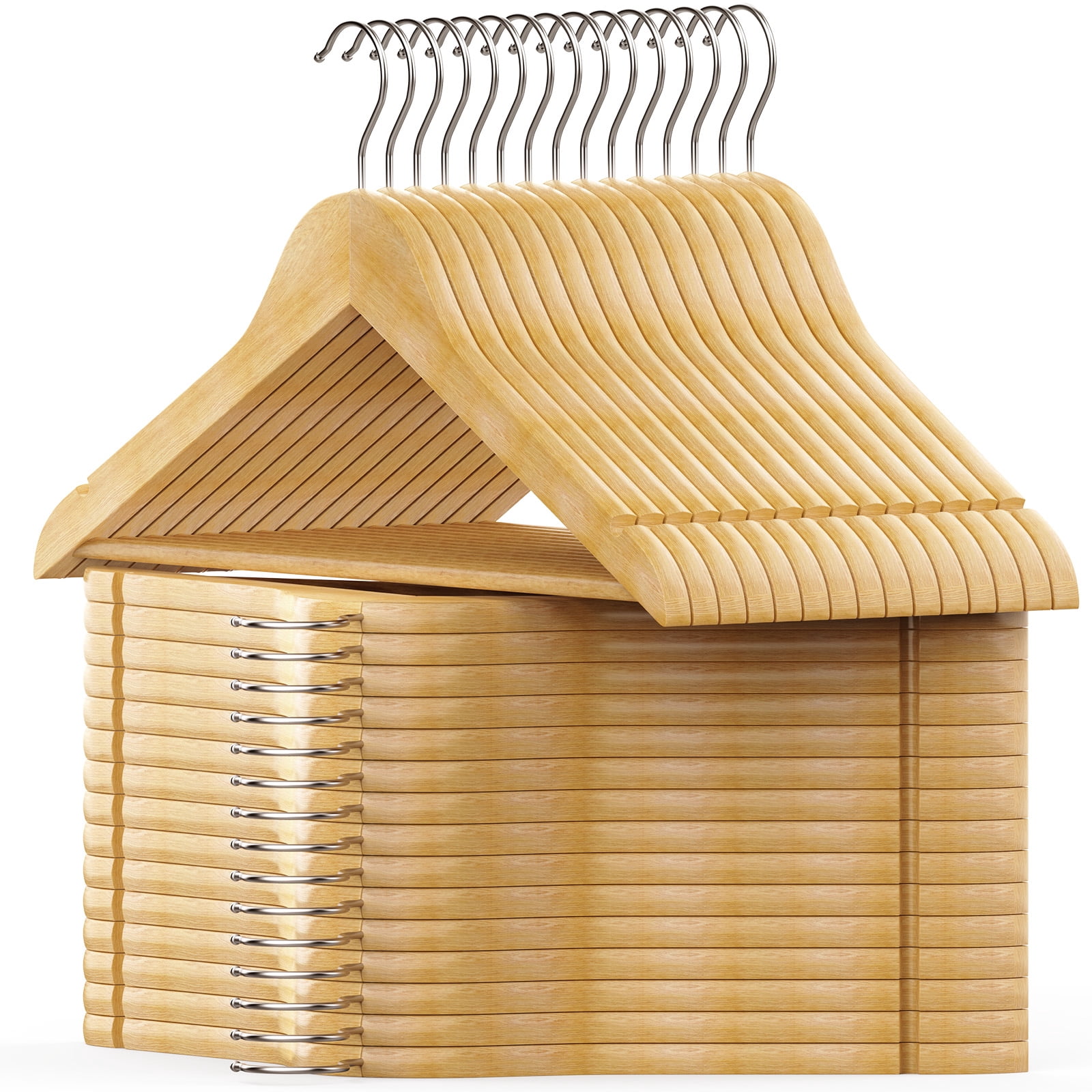 LIZEVINC Wooden Hangers 30 Pack, Natural Wood Suit Hangers with Non-Slip Pants Bar and 360° Swivel Hook, Cloth Hangers for Shirts, Jackets, Dress, Pant