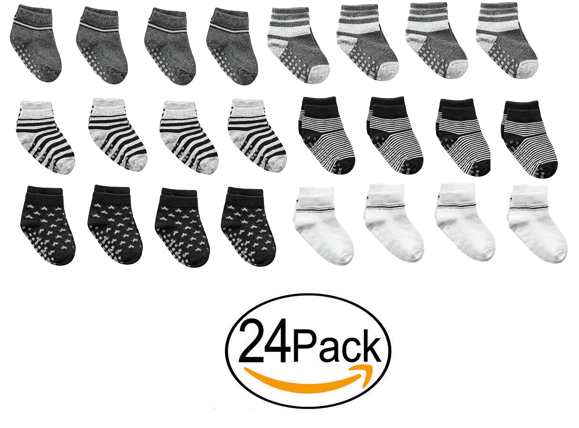 LIZEY12 or 24 Pairs Baby Toddler Socks with Grips AntiSlip NonSkid Grippers Organic Cotton