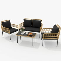 LIZHOUMIL 4-Piece Outdoor Sectional Set, Boho Rattan, Black/Beige Cushions, Glass Table