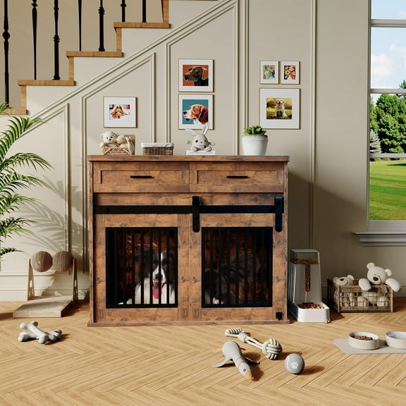 LIZHOUMIL 42" Wooden Dog Crate with Storage, Sliding Barn Door Pet Kennel Furniture