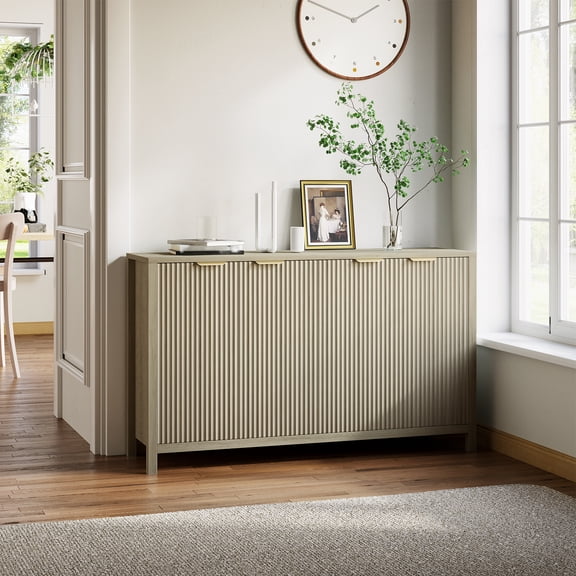 LIZHOUMIL 55 Inch Fluted Buffet Sideboard Cabinet, Narrow Farmhouse Kitchen Storage Cabinet with Adjustable Shelves, 4 Doors, Modern Wooden Accent Cabinet for Living Room, Entryway