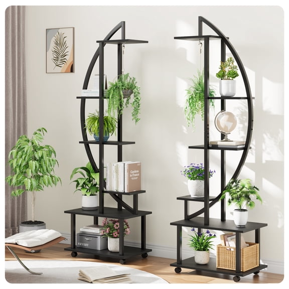 LIZHOUMIL 6-Tier Half Moon Plant Stand with Wheels, Metal Shelf with Drawers, 69.2 Inch Tall