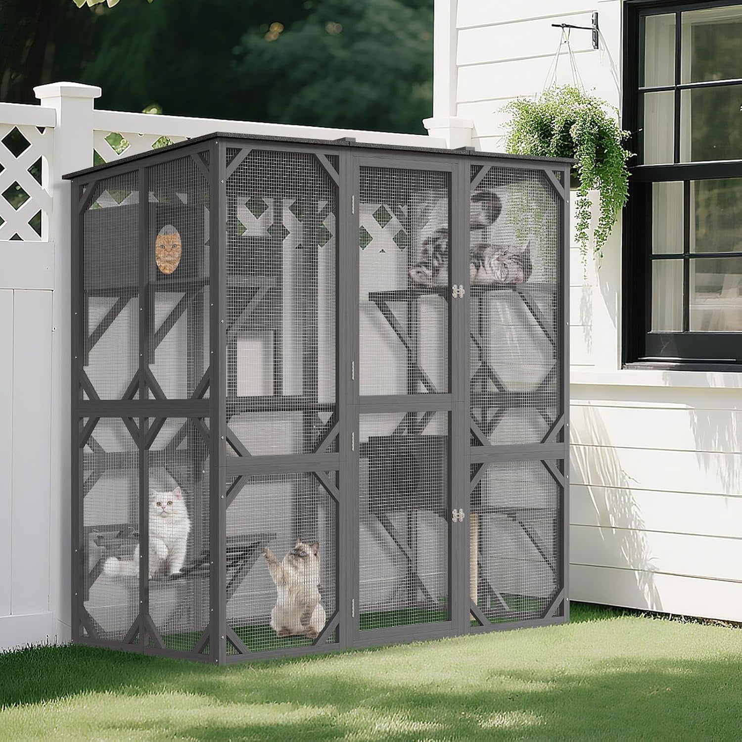 LIZHOUMIL 70" Catio Enclosure, Wooden Outdoor Cat House w/Asphalt Roof, Multi-Level