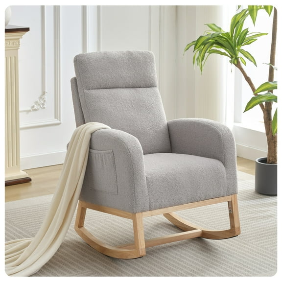 LIZHOUMIL Classic Wingback Rocking Chair, Wood Frame, Fleece/Linen/PU Upholstery, 4 Colors