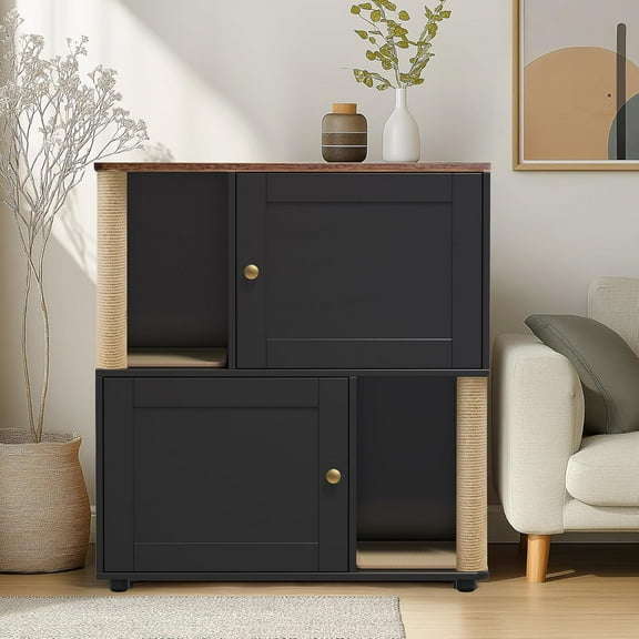 LIZHOUMIL Double Cat Litter Box Enclosure with Scratching Posts, Wood Furniture, Natural