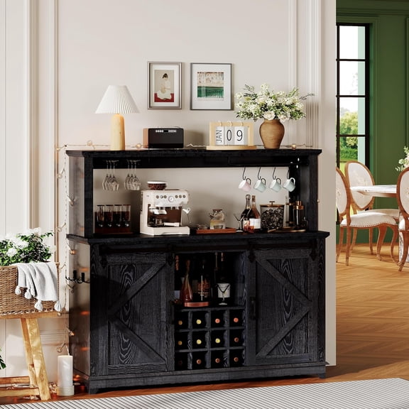 LIZHOUMIL Farmhouse Coffee Bar Cabinet 55" with Power Outlet, LED Light, MDF, Multi-Color