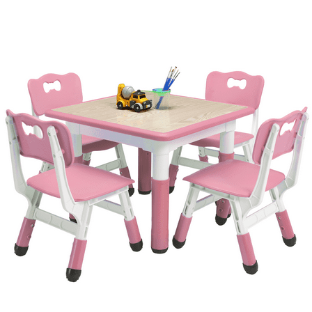 LIZHOUMIL Kids Table&Chairs Set Adjustable Height, 5-Piece Plastic Activity Table w/ Wipeable Desktop for Ages 2-10